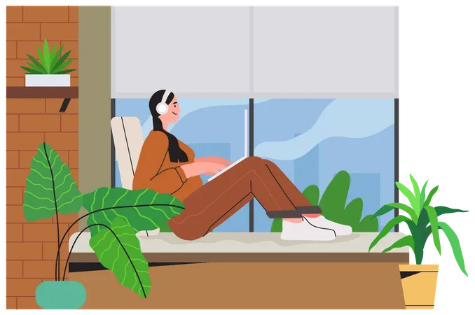 Girl Freelancer Sitting In Her Home Office And Working On Laptop On Project And Communicate Online With Colleagues And Fellow Freelancers Concept Of Comfortable Working Space Distant Empoyee Illustration