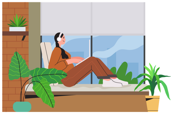 Woman working from home and attending online meeting  Illustration