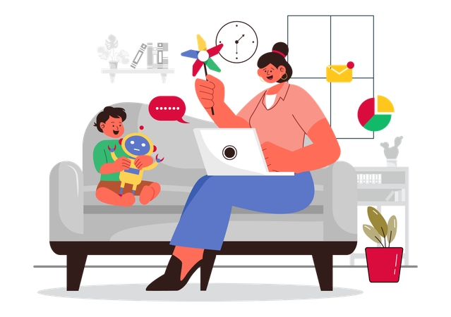 Woman working from home while playing with baby  Illustration