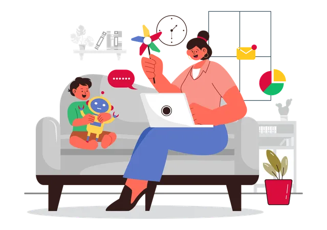 Woman working from home while playing with baby  Illustration