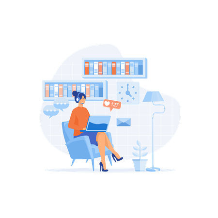 Woman working from home with her laptop  Illustration