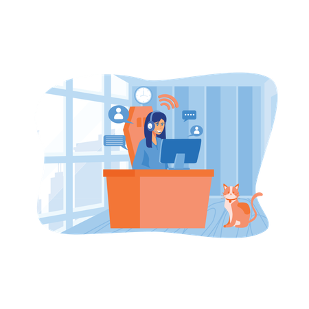Woman working from home with laptop  Illustration