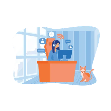 Woman working from home with laptop  Illustration