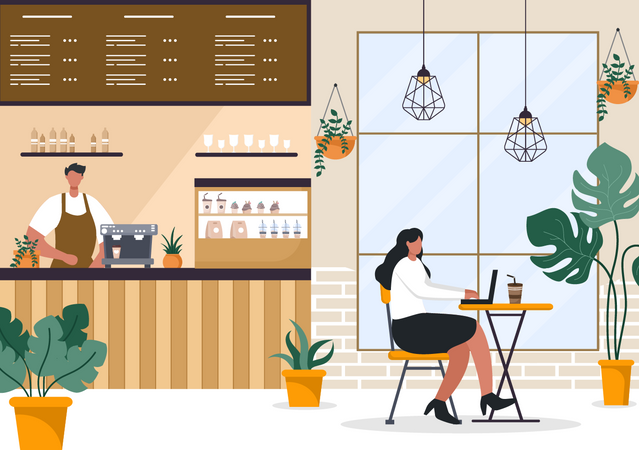 Woman working in cafe Illustration