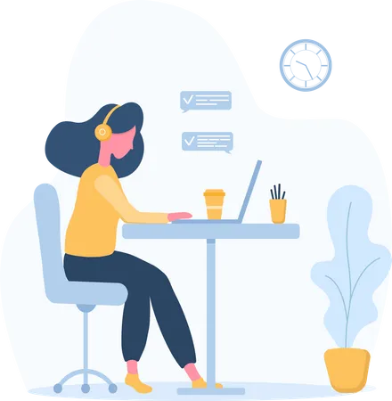 Womens Freelance Girl In Headphones With A Laptop Sitting At A Table Concept Illustration For Studying Education Work From Home Healthy Lifestyle Vector Illustration In Flat Style Illustration