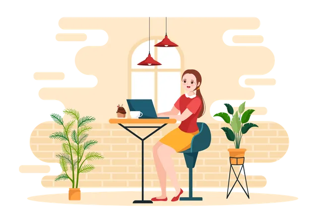 Woman working in cyber cafe  Illustration