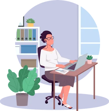 Woman Office Semi Flat Color Vector Character Sitting Figure Full Body Person On White Corporate Room Isolated Modern Cartoon Style Illustration For Graphic Design And Animation Illustration