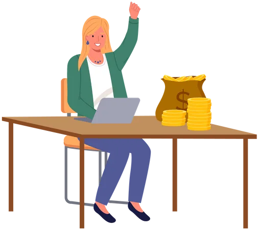 Woman Working In Office Lady Sits With Computer And Earns Money Girl At Workplace With Laptop And Bag Of Money Businesswoman Raises Her Hand While Working Increasing Profits Income From Business イラスト