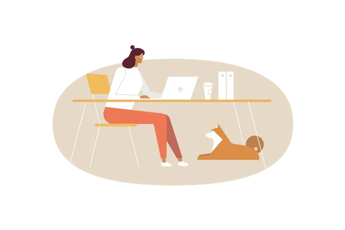 Vector Illustration Of Young Woman Is Working At A Workplace And A Dog Is Lying Next To Her Illustration