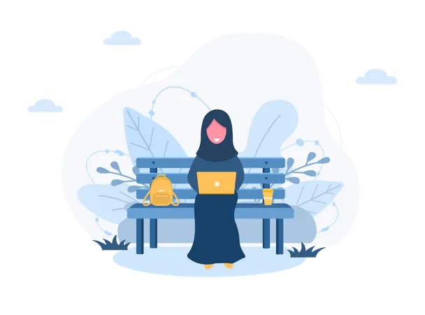 Womens Freelance Arabian Girl In Hijab With Laptop Sitting On Bench In Park Concept Illustration For Working Outdoors Studying Communication Healthy Lifestyle Vector Illustration In Flat Style Illustration