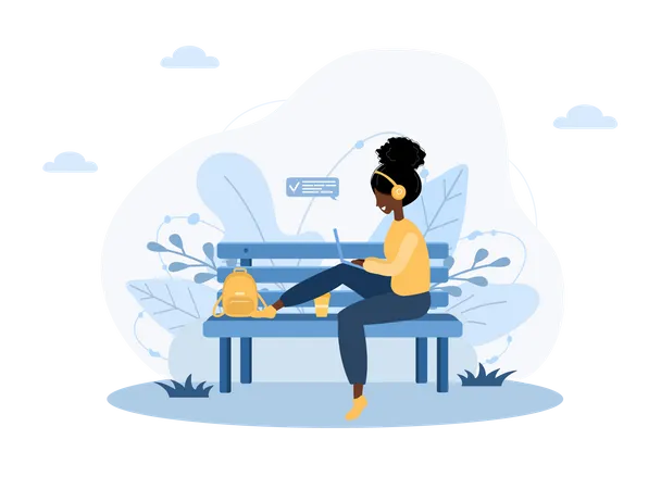 Women Freelance African Girl With Laptop Sitting On Bench In Park Concept Illustration For Working Outdoors Studying Communication Healthy Lifestyle Vector Illustration In Flat Style Illustration