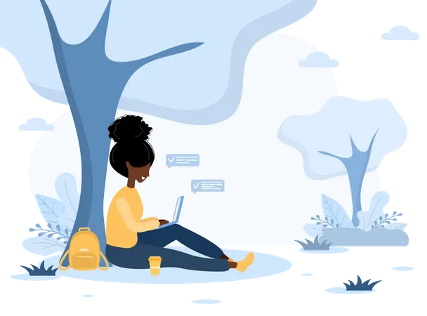 Womens Freelance African Girl With Laptop Sitting In Park Under Tree Concept Illustration For Working Outdoors Studying Communication Healthy Lifestyle Vector Illustration In Flat Style Illustration