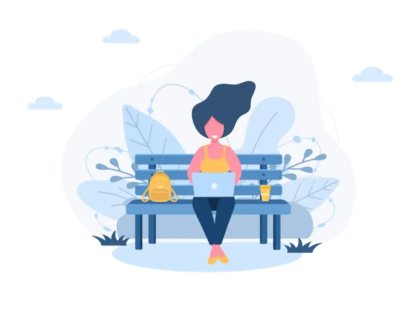 Womens Freelance Girl With Laptop Sitting On Bench In Park Concept Illustration For Working Outdoors Studying Communication Healthy Lifestyle Vector Illustration In Flat Style Illustration