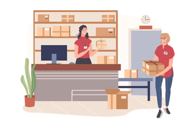 Delivery Service Web Concept Women Work In Warehouse Worker Loading And Carry Parcels Operator Processes Orders On Computer People Scenes Template Vector Illustration Of Characters In Flat Design Illustration
