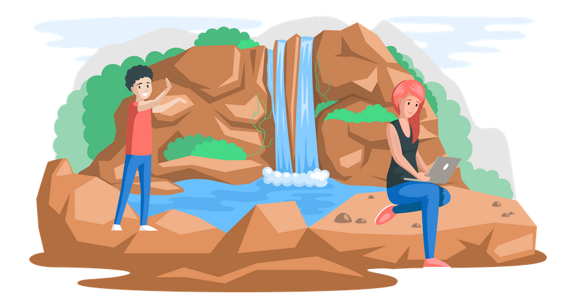 Woman working near waterfall  Illustration