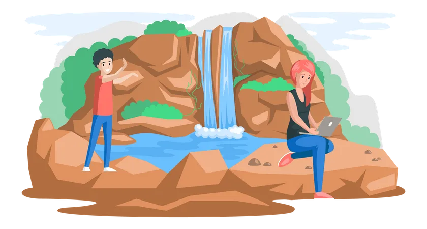 Woman working near waterfall  Illustration