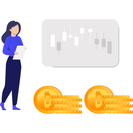 Woman working on Bitcoin Trading Illustration