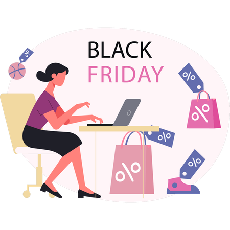 Woman working on black friday sale on laptop  Illustration