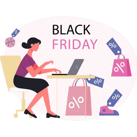 Woman working on black friday sale on laptop  Illustration