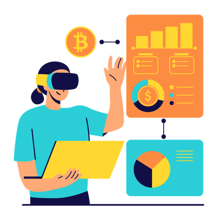 Woman working on blockchain by augmented reality  Illustration