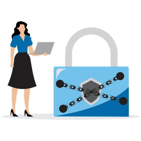 Woman working on Blockchain Data Security  Illustration