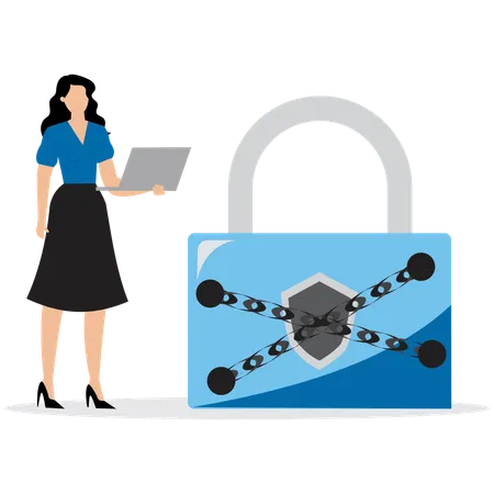 Woman working on Blockchain Data Security  Illustration