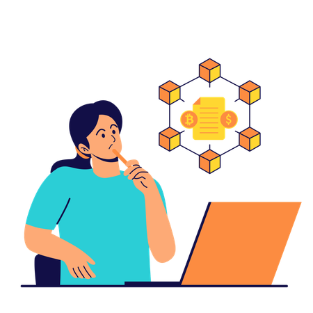 Woman working on blockchain ledger  Illustration