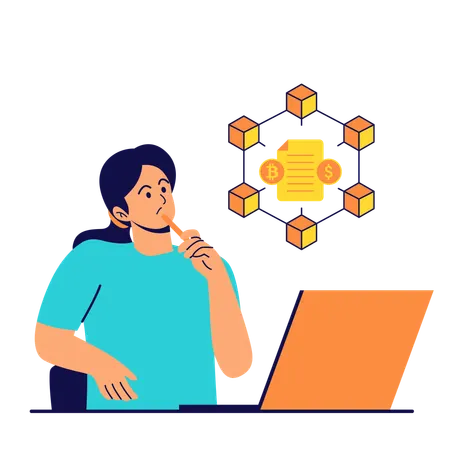Woman working on blockchain ledger  Illustration
