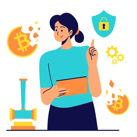 Woman working on blockchain security  Illustration