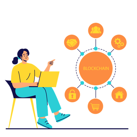 Woman working on blockchain technology  Illustration