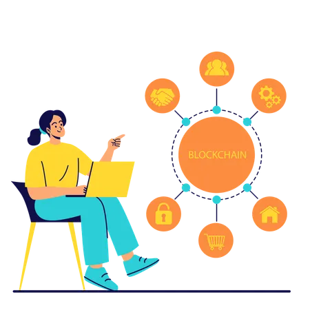 Woman working on blockchain technology  Illustration