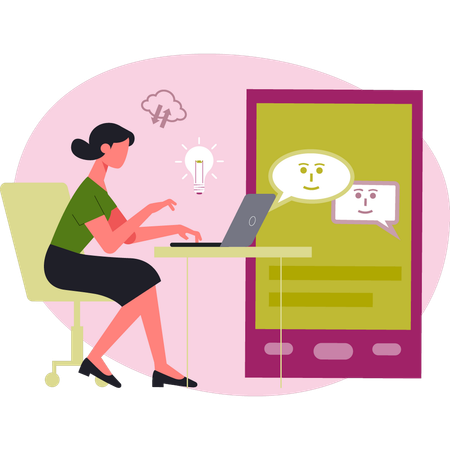 Woman working on chat bubble on laptop  Illustration