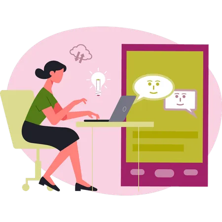 Woman working on chat bubble on laptop  Illustration