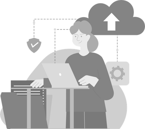 Woman Working On Cloud data backup  Illustration