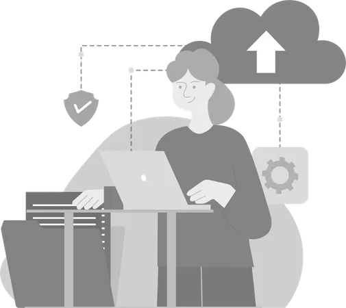 Woman Working On Cloud data backup  Illustration