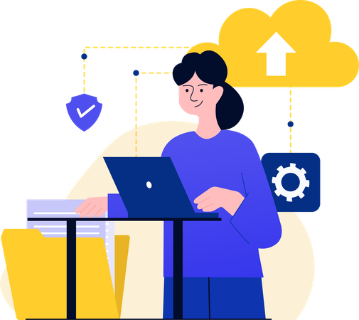 Woman Working On Cloud data backup  Illustration