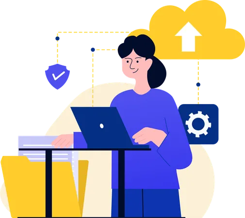 Woman Working On Cloud data backup  Illustration