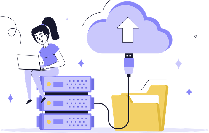 Woman working on cloud server  Illustration