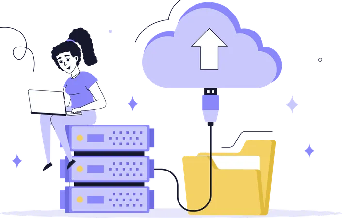 Woman working on cloud server  Illustration