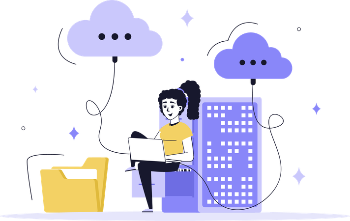 Woman working on cloud server  Illustration