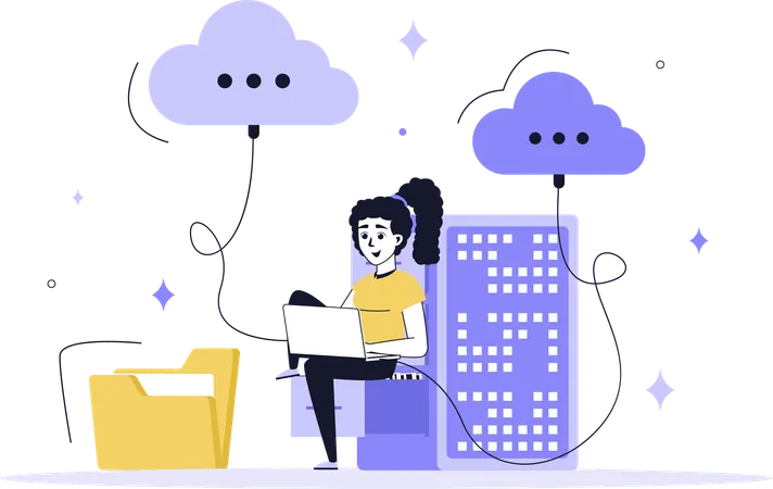 Woman working on cloud server  Illustration