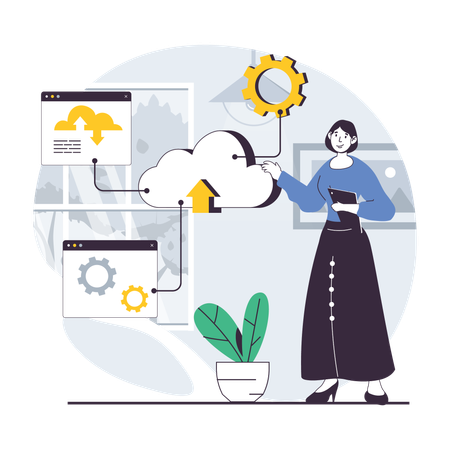 Woman working on cloud services  Illustration