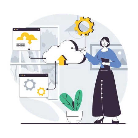 Woman working on cloud services  Illustration