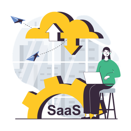 Woman working on cloud software  Illustration