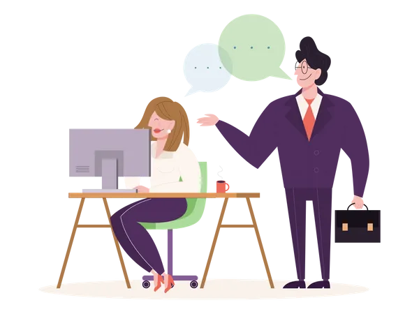 Young Woman Sitting At The Desk And Working On Computer Man Standing At The Worker Office Character Vector Illustration In Cartoon Style Isolated Illustration