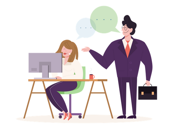 Woman working on computer and talking with boss  イラスト