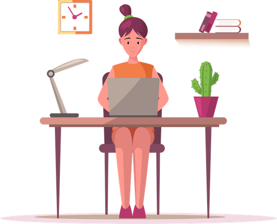 Woman working on computer at desk  Illustration