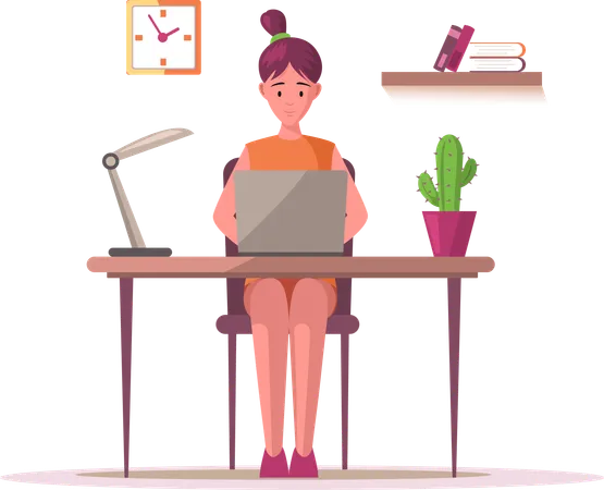 Woman working on computer at desk  Illustration