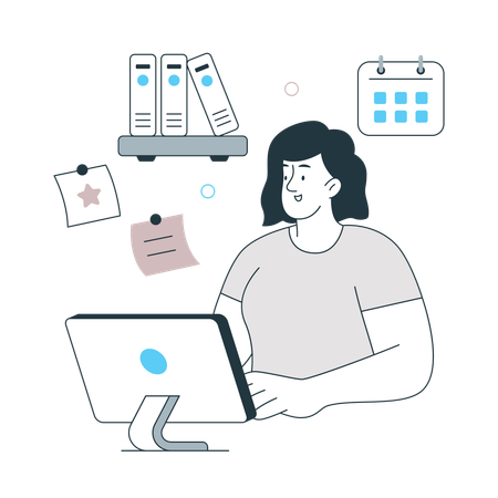 Woman working on computer for Workplace Organization Time Tracking  Illustration