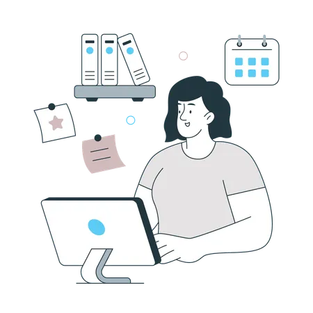 Woman working on computer for Workplace Organization Time Tracking  Illustration